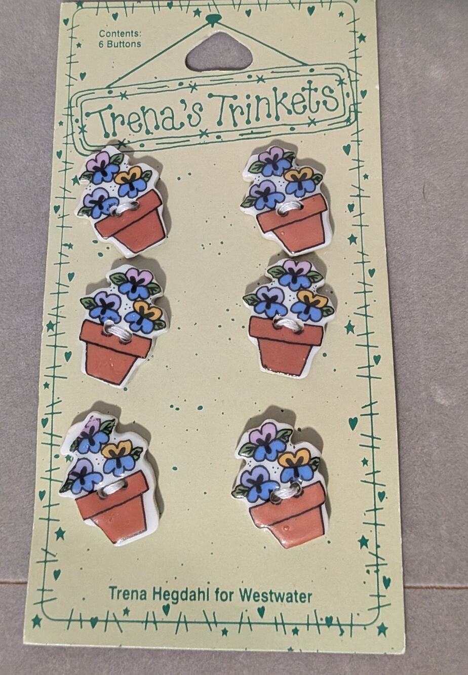 Vintage Trena’s Trinkets Ceramic Buttons Potted Pansy Flower Pot Set of 6